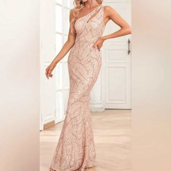 Rose Gold sequin one shoulder prom dress - Picture 2 of 4